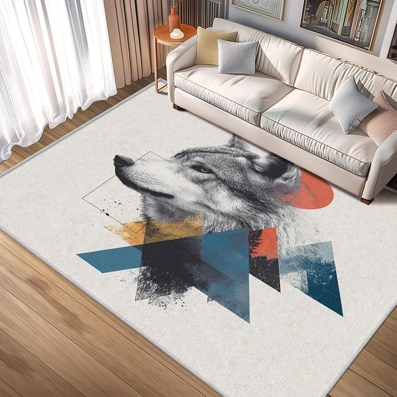 Wolf Area Rugs, Modern Abstract Geometric Wild Animal Design, Washable ...