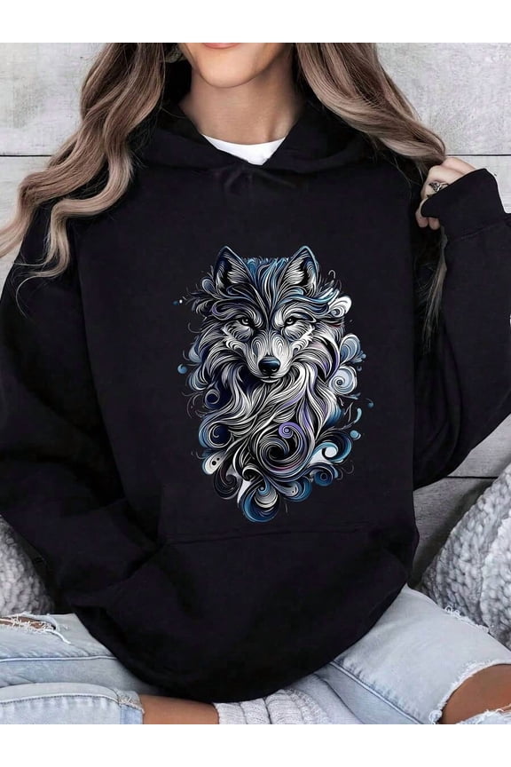 Wolf Art Design Hoodie Women Fashion Animal Print Sweatshirt Casual Streetwear Pullover Top Autumn Winter Wear