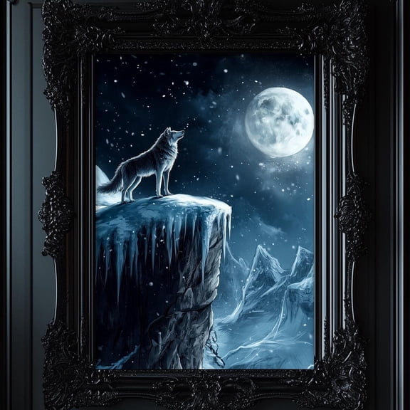 Wolf Art Print, Howl At The Moon, Dark Gothic Fantasy, Mystical Dream, Moody Animal Wildlife Forest, Wolf Poster, Full Moon Cryptid Wall Art , Poster Print Only