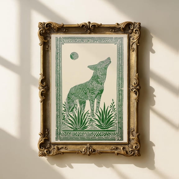 Wolf Art Vintage Woodblock Print Mexican Folk Art Forest Green Wall Decor Howling Wolf Linocut Style Print, Unframed Paper Print