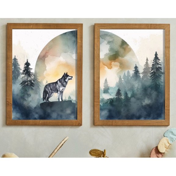Wolf Art Wolf In The Forest Full Moonwolf Poster Woodland Animal Decor, Set 2, Poster Only