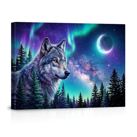 Wolf Aurora Borealis Fantasy Northern Lights Forest For Bedroom Game Room Nature Lovers Canvas