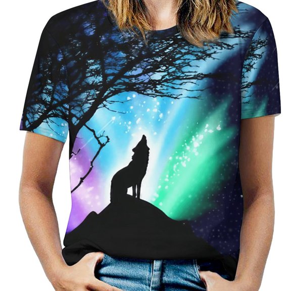 Wolf Aurora Night Sky Womens Tops Women's Fashion Casual Short Sleeve Flower Print Round Neck Pullover Top Blouse