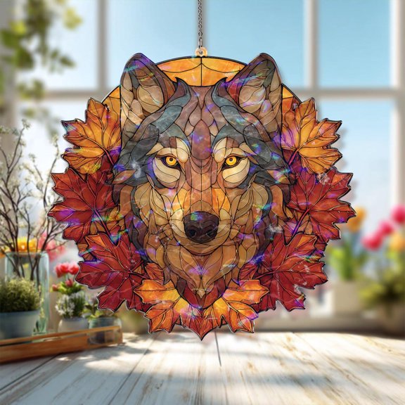 Wolf Autumn Leaves Acrylic Suncatcher, Stained Glass Style Wolf Head with Fall Maple Leaves, Rustic Wildlife Window Hanging Home Decor