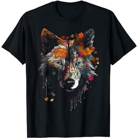 Wolf Autumn Leaves - Blue Eyes - Animal Art Motif Wolf T-Shirt