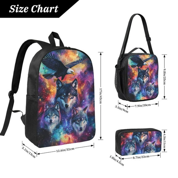 Wolf Backpack 17 Inch Set with Lunch Bag and CaseDurableTravel Bag Combo for Work Commuting Daily Use