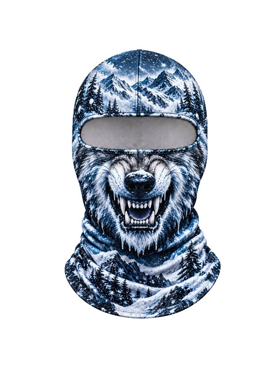 Wolf Balaclava Ski Mask, Icy Mountain Wolf Full Face Cover, Fanged Animal Hood for Skiing Snowboarding Cycling Winter