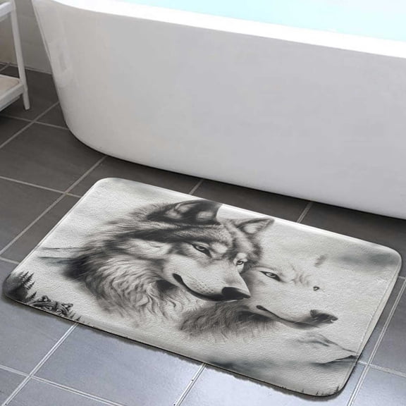 Wolf Bathroom Mat, White And Black Wolf Bathroom Rug Soft Animal Printed bath mats for bathroom non slip for Kitchen Bedroom Indoor decor 16x24in