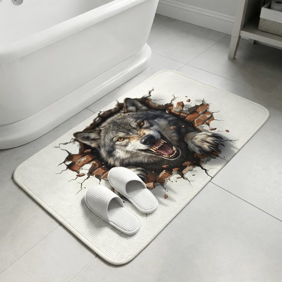 Wolf Bathroom Rugs Non Slip Washable Bath Mat Absorbent Low Pile Front Door Mat Animal Broken Wall Dynamic Angry Expression Indoor Doormat for Kitchen Entryway Shower Decor Accessories 15.7"x23.6"