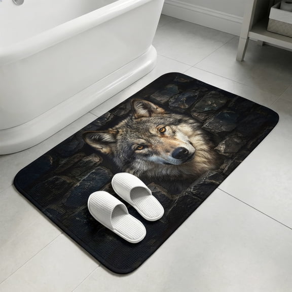 Wolf Bathroom Rugs Non Slip Washable Bath Mat Absorbent Low Pile Front Door Mat Mysterious Black Dark Stones Gray Brown Indoor Doormat for Kitchen Entryway Shower Decor Accessories 15.7"x23.6"