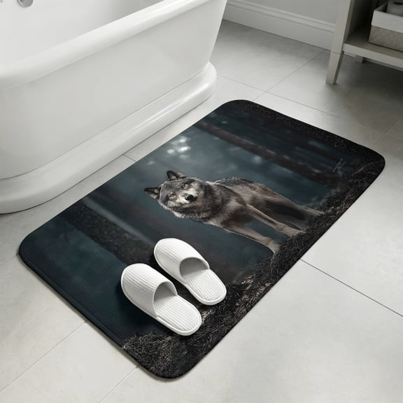 Wolf Bathroom Rugs Non Slip Washable Bath Mat Absorbent Low Pile Front Door Mat Mystery Animal Dark Forest Indoor Doormat for Kitchen Entryway Shower Decor Accessories 15.7"x23.6"