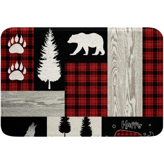 Wolf Bear Bath Rugs 16x24 Inch, Woodland Animal Footprint Bath Mat, Red and Black Buffalo Plaid Bathroom Rugs, Pine Tree Weed Plant Doormat Patchwork Sketch Drawing Bathroom Decor