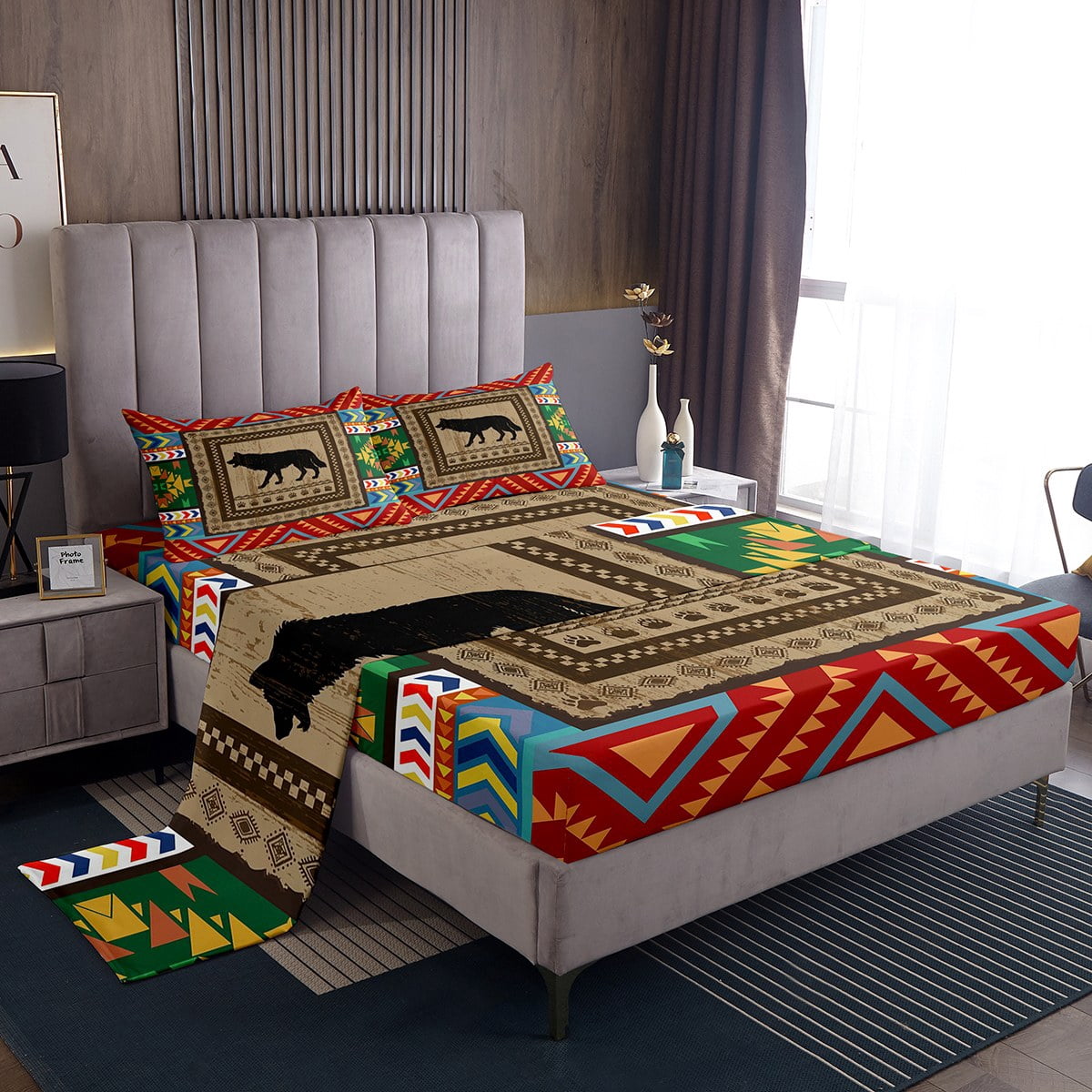 Wolf Bed Sheets Set Twin Size Tribal Aztec Sheet Set Rustic Cabin Lodge ...