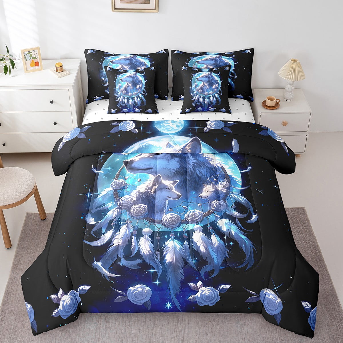 Wolf Bedding Queen Size 7pcs For Kids Boys Girls Kawaii White Jungle