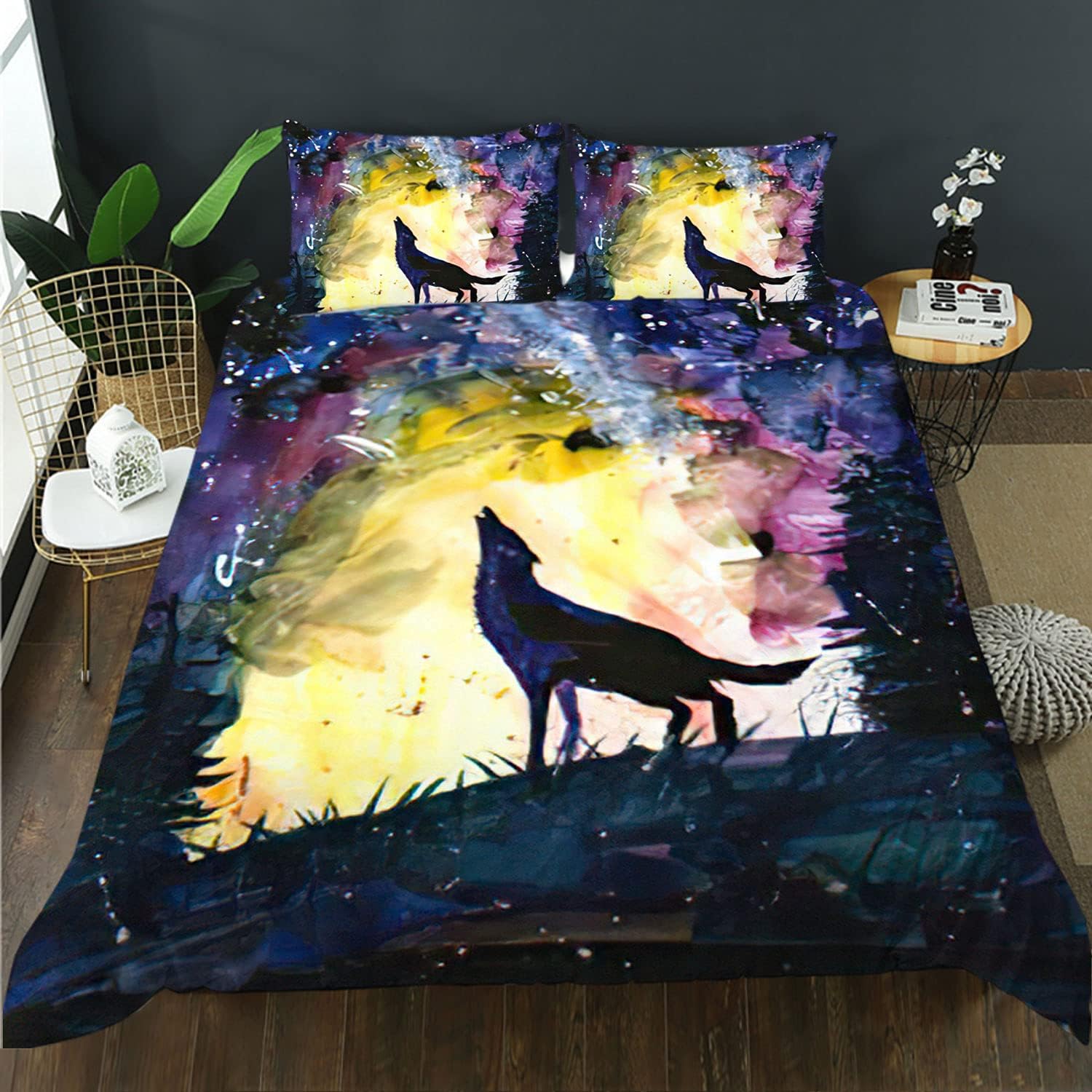 Wolf Bedding Set for Boys Mountain Wolf Print Comforter Set for Man Moon Wolves Bed Set King