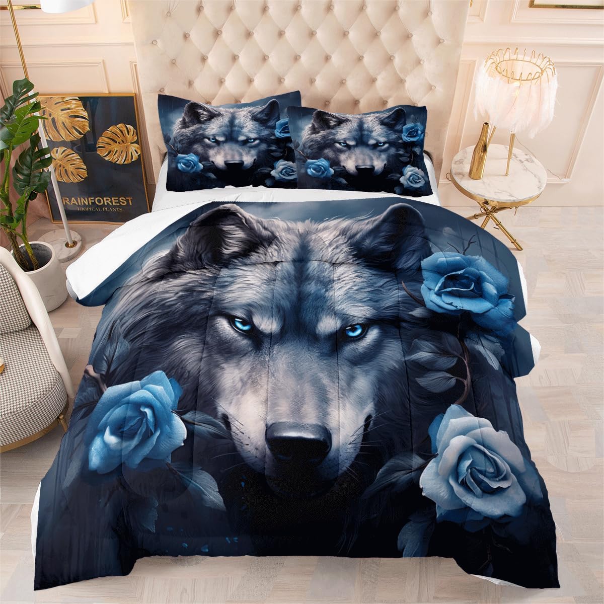 Wolf Bedding Set Tie Dye Down Comforter Wild Animal Wolf Rose Print
