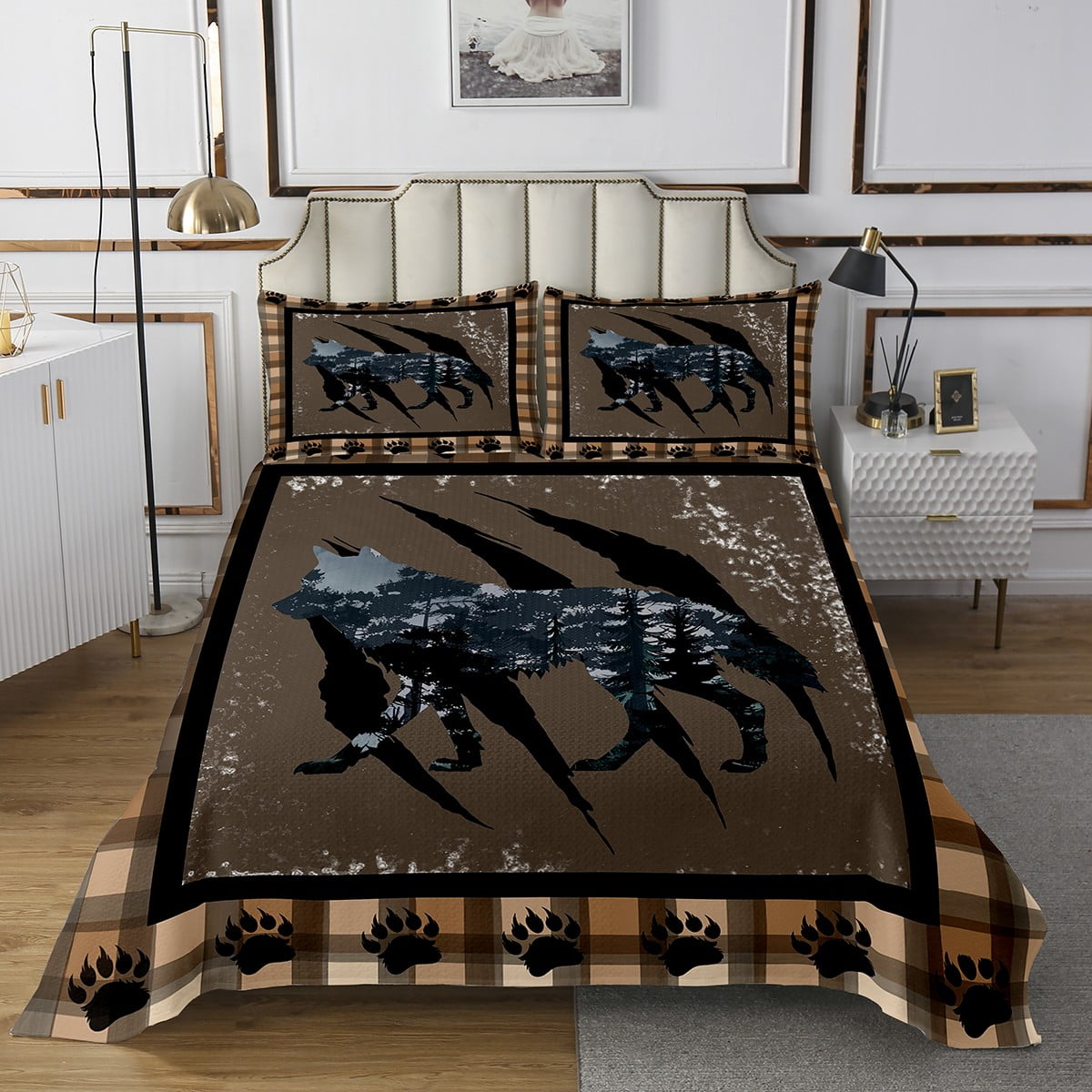 Wolf Bedspread King Rustic Bear Paw Print Quilt Set Western Woodland wolf-bedspread-king-rustic-bear-paw-print-quilt-set-western-woodland