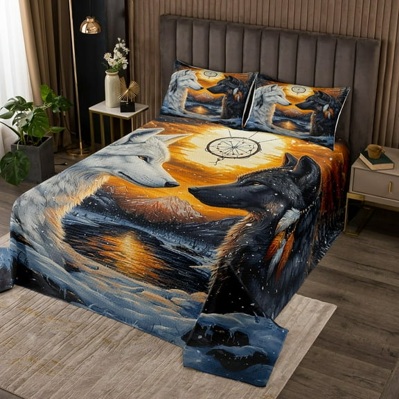 Wolf Bedspread Quilt,Black White Wolves Tribal Feather Dreamcatcher Bedding Coverlet for All Season,Jungle Wild Animal Snowy Lake Mount Sunset View Queen Size Coverlet Set with 2 Pillowcases