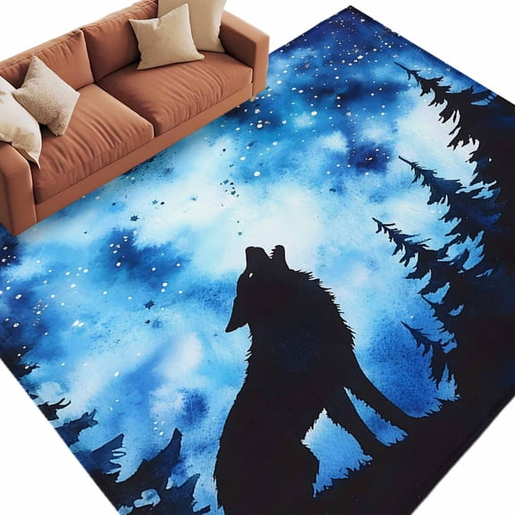 Wolf Black Silhouette Large Area Rugs for Bedroom Living Room, Soft Non Slip Carpet Bedside Rug, Forest Starry Night Rectangular Floor Cover Kitchen Accent Rug 5'x7' for Dining Room/Office