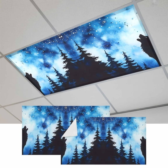 Wolf Black Silhouette Magnetic Fluorescent Light Covers for Ceiling Lights 2 x 4 Feet, Forest Starry Night Office Classroom Kitchen Drop Ceiling Light Covers Lighting Filters Shade Panel 2 Packs