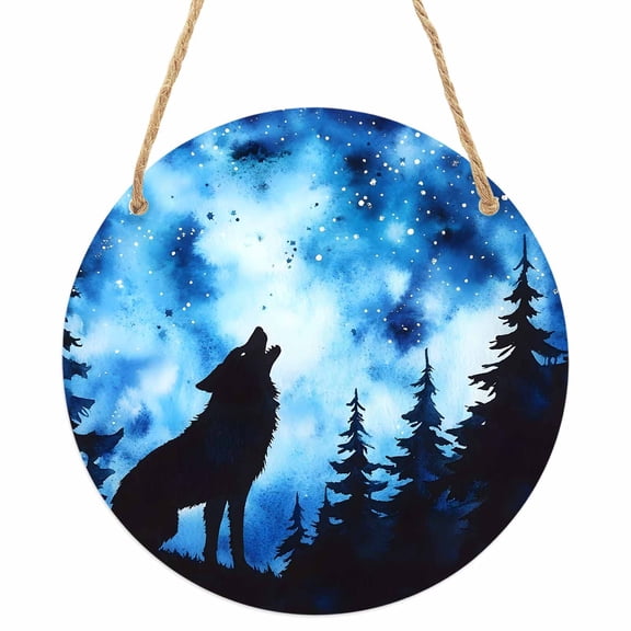Wolf Black Silhouette Round Front Door Welcome Sign, 5.9 Inch Wall Hanging Decor for Indoor Outdoor, Forest Starry Night Home Porch Hanger Decorations for Holiday Gift