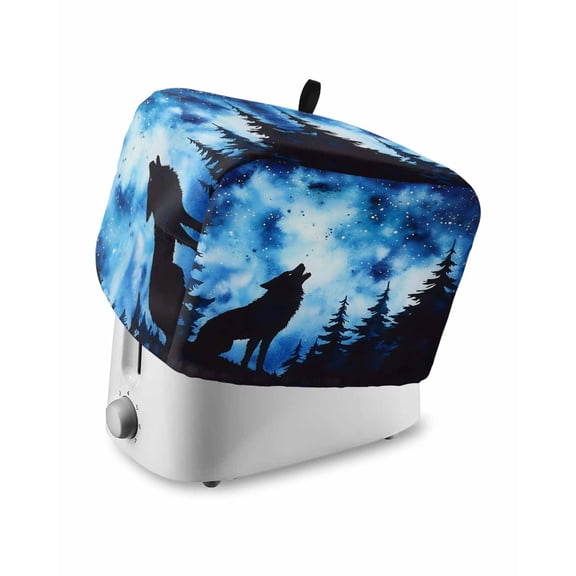 Wolf Black Silhouette Toaster Cover 2 Slice, Forest Starry Night Dustproof Bread Machine Oven Cover with Storage Pockets, Fits Most Kitchen Toasters Protector