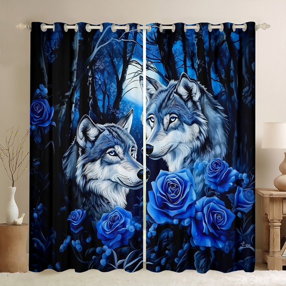 Wolf 30%-50% Blackout Curtains (42Wx90L) 2 Panels,Blue Rose Flowers Curtains & Drapes,Curtains,Safari Couple Wolves Window Curtains Woodland Animals Window Curtains Teens