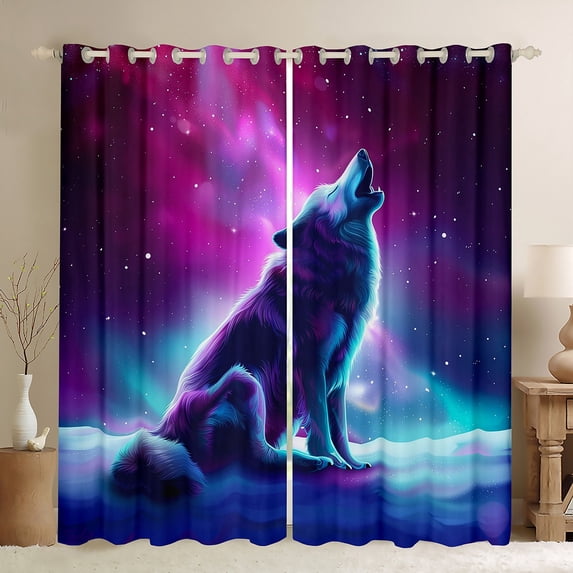 Wolf 30%-50% Blackout Curtains,Polar Lights Curtains & Drapes Howling Wolves Curtains Teens Room Decor 2 Panels,(42Wx63L) 2 Panels,Outer Space Safari Wildlife Animals Window Curtains