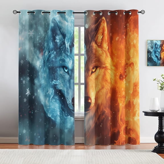 Wolf Blackout Curtains for Home Decor, Fire Ice Wolf Curtains, 3D Wild Animal Grommet Curtain for Living Room Bedroom 42"W x 96"L (2 Pack)