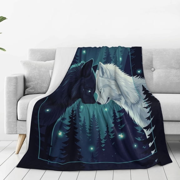 Wolf Blanket, Black and White Wildlife Throw, Soft Fuzzy Fleece, Unisex Gift for Adults, Bedroom Decor 50x40
