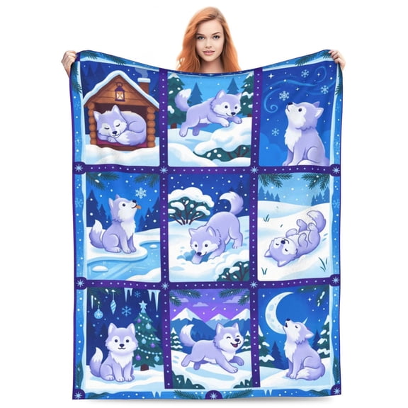 Wolf Blanket, Cool Wolves and Aurora Print Flannel Blanket, Cozy Super Soft Throw, Fuzzy Bedding Decor for Bedroom 50x40