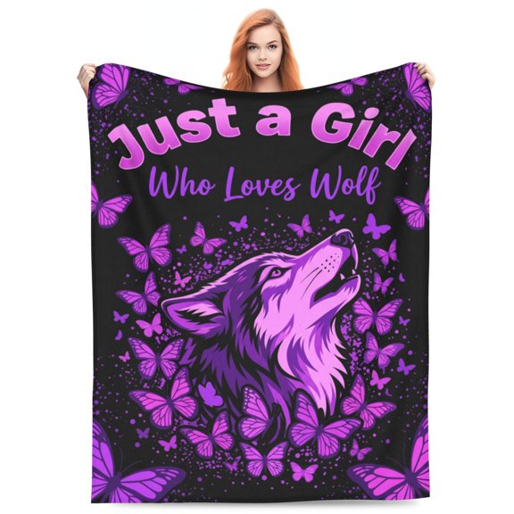 Wolf Blanket, Cute Animal Gifts for Wolf Lovers, Soft Fuzzy Flannel Purple Blanket for Women Men, Home Sofa Couch Travel 50x40