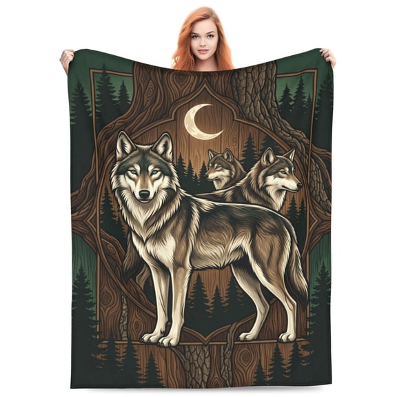 Wolf Blanket, Forest Wolf Scene For Couch Sofa Bed, Nature Scene, Office Nap Throw Accessory, All Season Travel Wrap Flannel Blanket 50x40