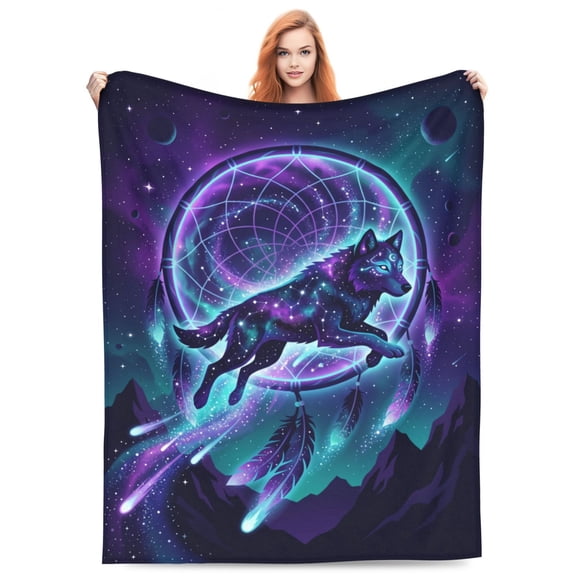 Wolf Blanket, Galaxy Nebula Wolf Dreamcatcher Art For Couch Sofa Bed, Celestial Decor, Home Bedroom Bedding Accessory, Living Room Accent Flannel Blanket 50x40
