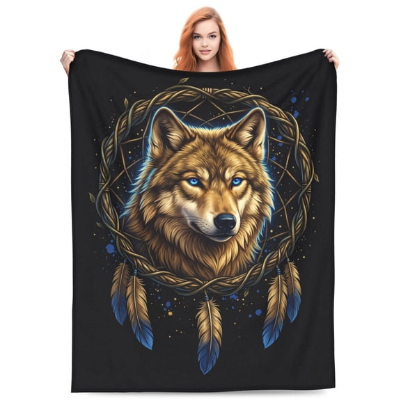 Wolf Blanket Gifts For Adults, Blue Eyes Dreamcatcher Wolf Throw, Home Bed Couch, Nature Lover Hunting Gifts, Christmas Birthday Anniversary Flannel Blanket 50x40
