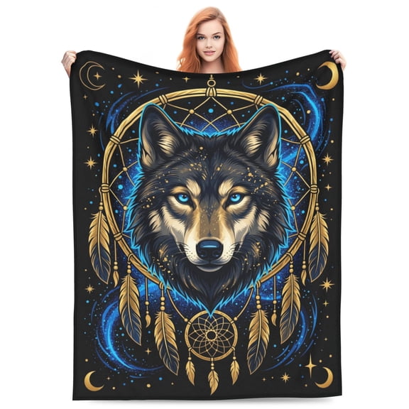 Wolf Blanket Gifts For Men And Women, Galaxy Dreamcatcher Wolf Throw, Home Bed Couch, Modern Art Gifts, Christmas Birthday Anniversary Flannel Blanket 50x40