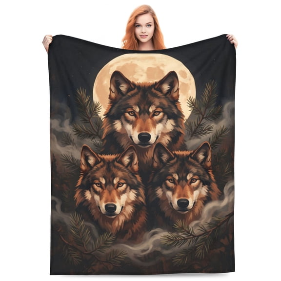 Wolf Blanket, Three Wolves Full Moon Art For Couch Sofa Bed, Lodge Decor, Office Nap Throw Accessory, All Season Travel Flannel Blanket 60x50