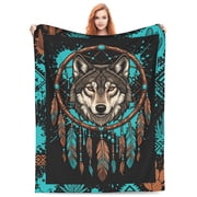 Wolf Blanket, Tribal Southwestern Dreamcatcher Wolf Art For Couch Sofa Bed, Native Decor, Bedroom Bedding Home Accessory, Living Room Flannel Blanket 50x40