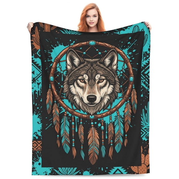Wolf Blanket, Tribal Southwestern Dreamcatcher Wolf Art For Couch Sofa Bed, Native Decor, Bedroom Bedding Home Accessory, Living Room Flannel Blanket 50x40