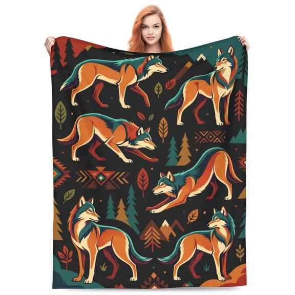 Wolf Blanket, Tribal Southwestern Wolf Art For Couch Sofa Bed, Native Decor, Office Nap Throw Accessory, All Season Travel Flannel Blanket 50x40