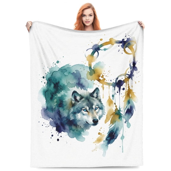 Wolf Blanket, Watercolor Dreamcatcher Wolf Art For Couch Sofa Bed, Teal Gold Decor, Bedroom Bedding Home Accessory, Living Room Accent Flannel Blanket 50x40