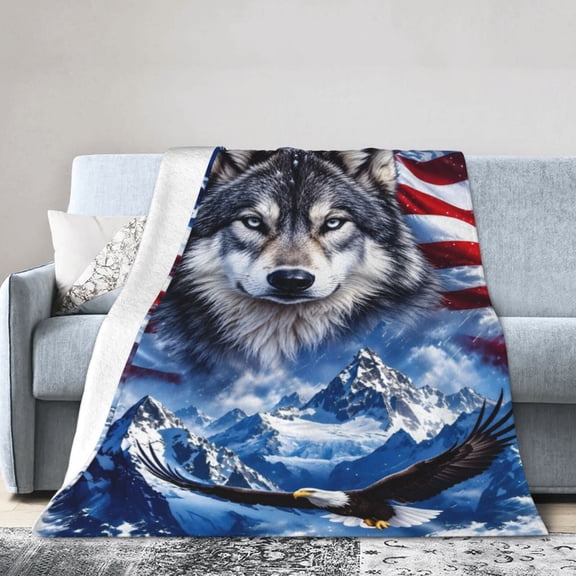 Wolf Blanket Wolf American Flag Mountain Eagle Soft Cozy Throw Blanket Gift for Men Women 50x40