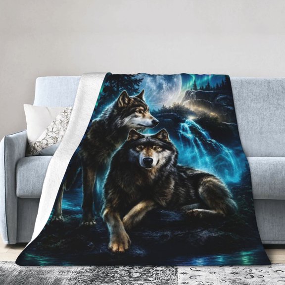 Wolf Blanket Wolf Aurora Moon Waterfall Soft Cozy Fleece Blanket Gift for Women Family 50x40