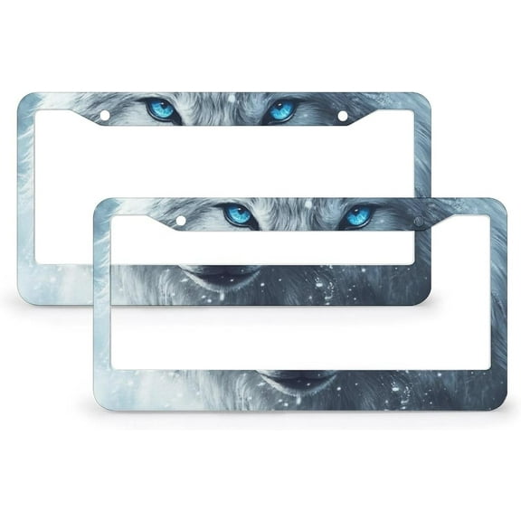 Wolf with Blue Eyes License Plate Cover 2 Pieces Wolf Face License Plate Frame License Plate Shield Frame for Women Men Auto Decoration Hardware 2 Holes Aluminum Metal License Plate Frames