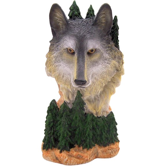 Wolf Bust with Pine Trees Figurine, Rustic Woodland Cabin Decor, Freestanding Sculpture, 11.25 Inch