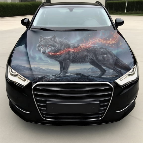 Wolf Car Hood Vinyl Decal Wrap Sticker - Watercolor Portrait Mountain Design, Universal Fit Truck Auto Hood Decal, Wildlife Art Graphic Accessory Engine Sticker (59 * 39 inches)