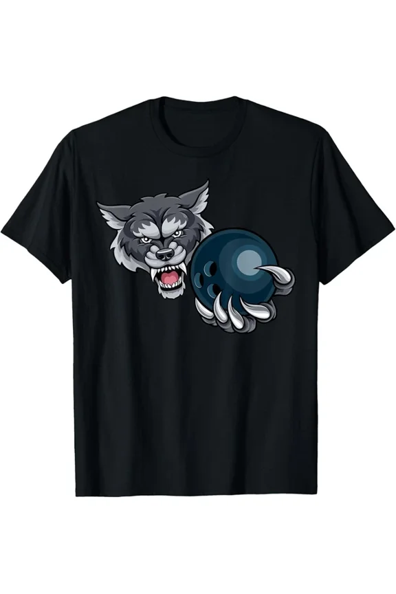 Wolf Cartoon Sports Wolves Team Mascot Holding Bowling Ball T-Shirt Unisex S-5XL Hot Trending Shirt, Vintage Birthday Gift