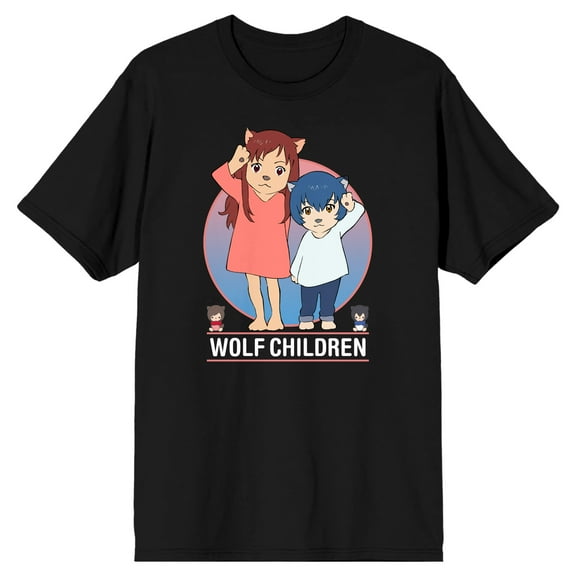 Wolf Children Yuki & Ame Character Circle Crew Neck Short Sleeve Black Adult T-shirt-Medium