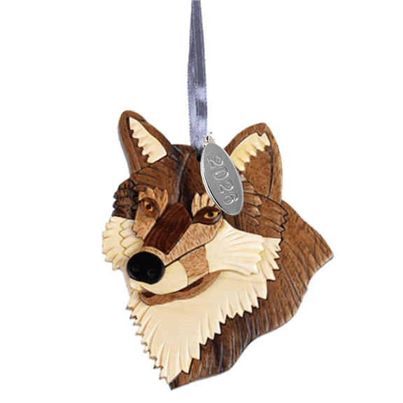 2026 Wolf Christmas Ornament or Wolf Car Charm, Two-Tone Intarsia Wood, Comes In Gift Box