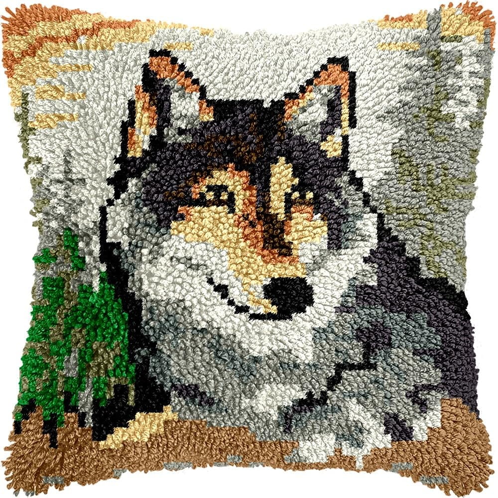 Wolf on Cliff Latch Hook Pillow Kits for DIY Throw Pillow Cushion Embroidery Latch Hooking Pillowcase Kits with Preprinted Canvas Crochet Yarn Kits for Home Decor 17''X 17''(d203)